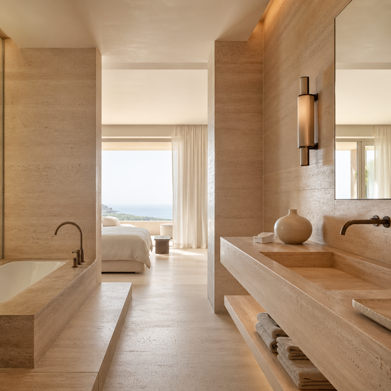 Luxury stone bath interior representing OIXDESIGN project and trade support for designers and hospitality spaces.