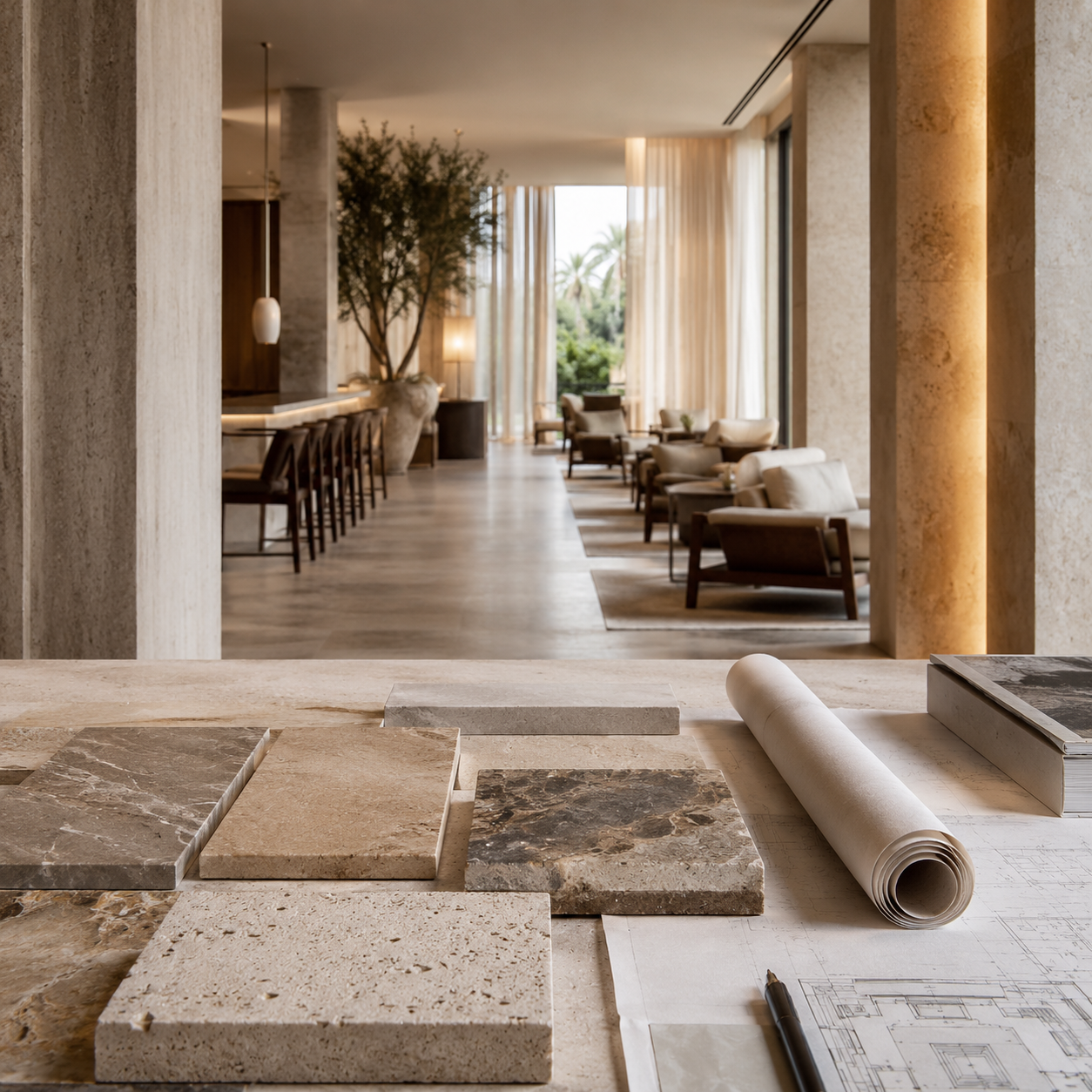 Stone material planning workspace with a refined hospitality interior for OIXDESIGN projects and trade.