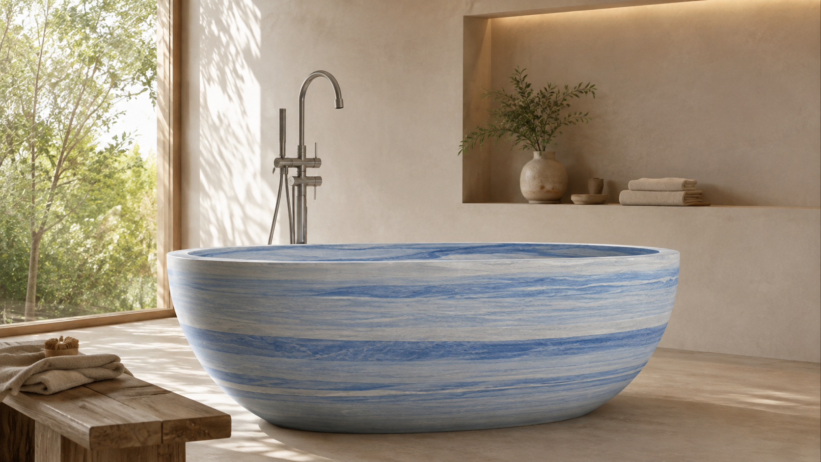 OIXDESIGN quartzite bathtub with natural stone veining in a luxury bathroom setting