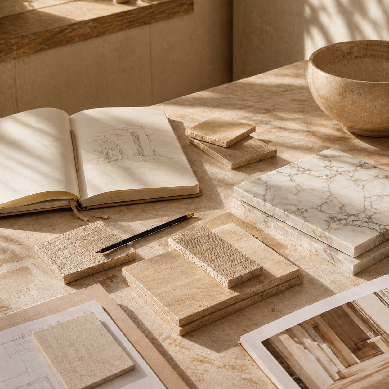 Natural stone samples, notebook, and sketches prepared for a custom project quote with OIXDESIGN