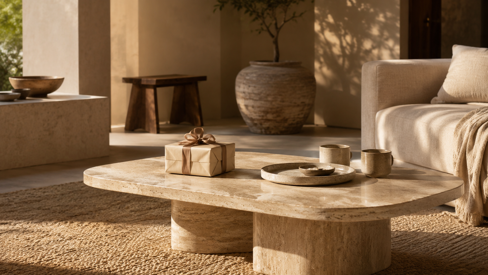 Warm living room with natural stone coffee table and wrapped gift for OIXDESIGN refer a friend rewards page