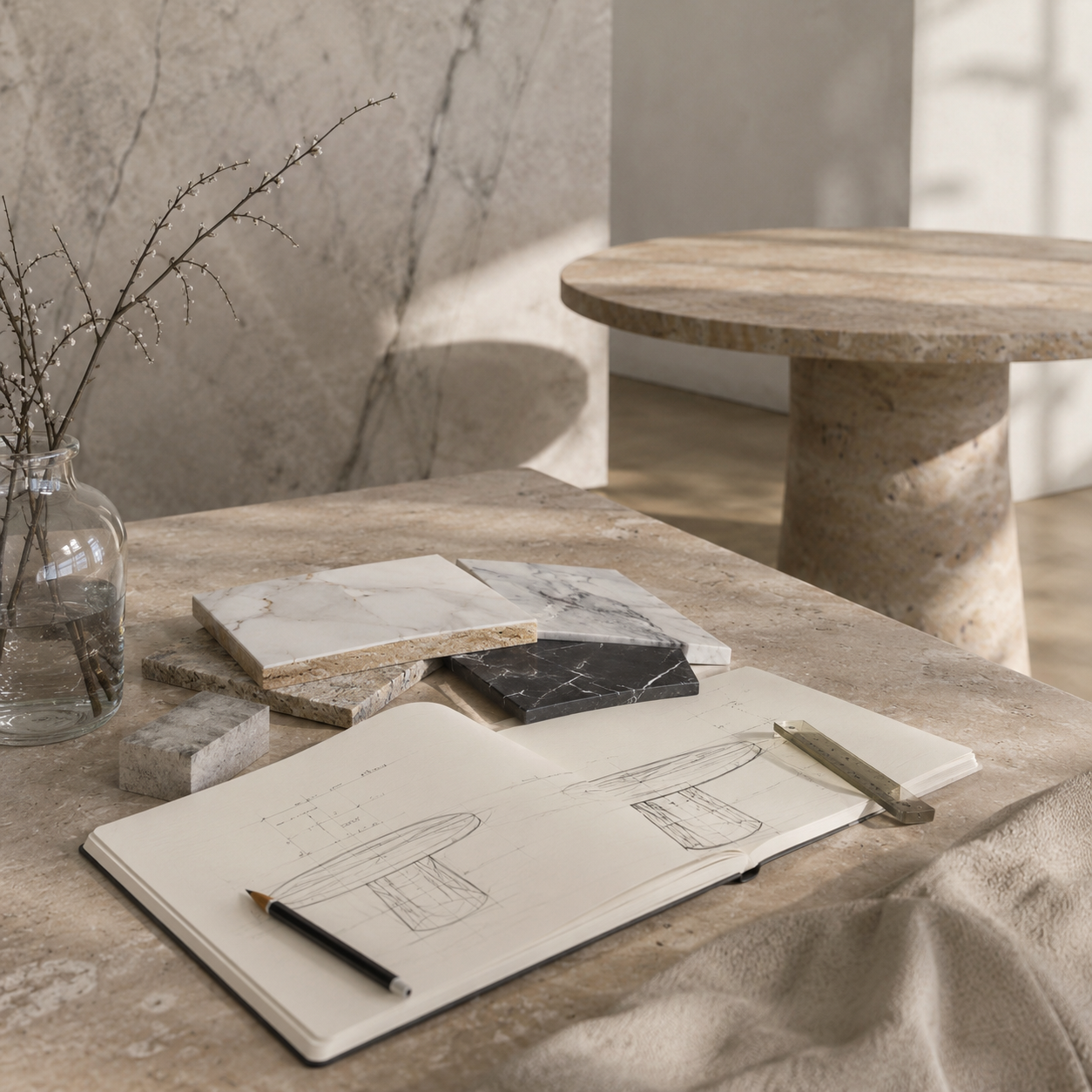 Stone samples, sketches, and design tools for custom OIXDESIGN quote requests
