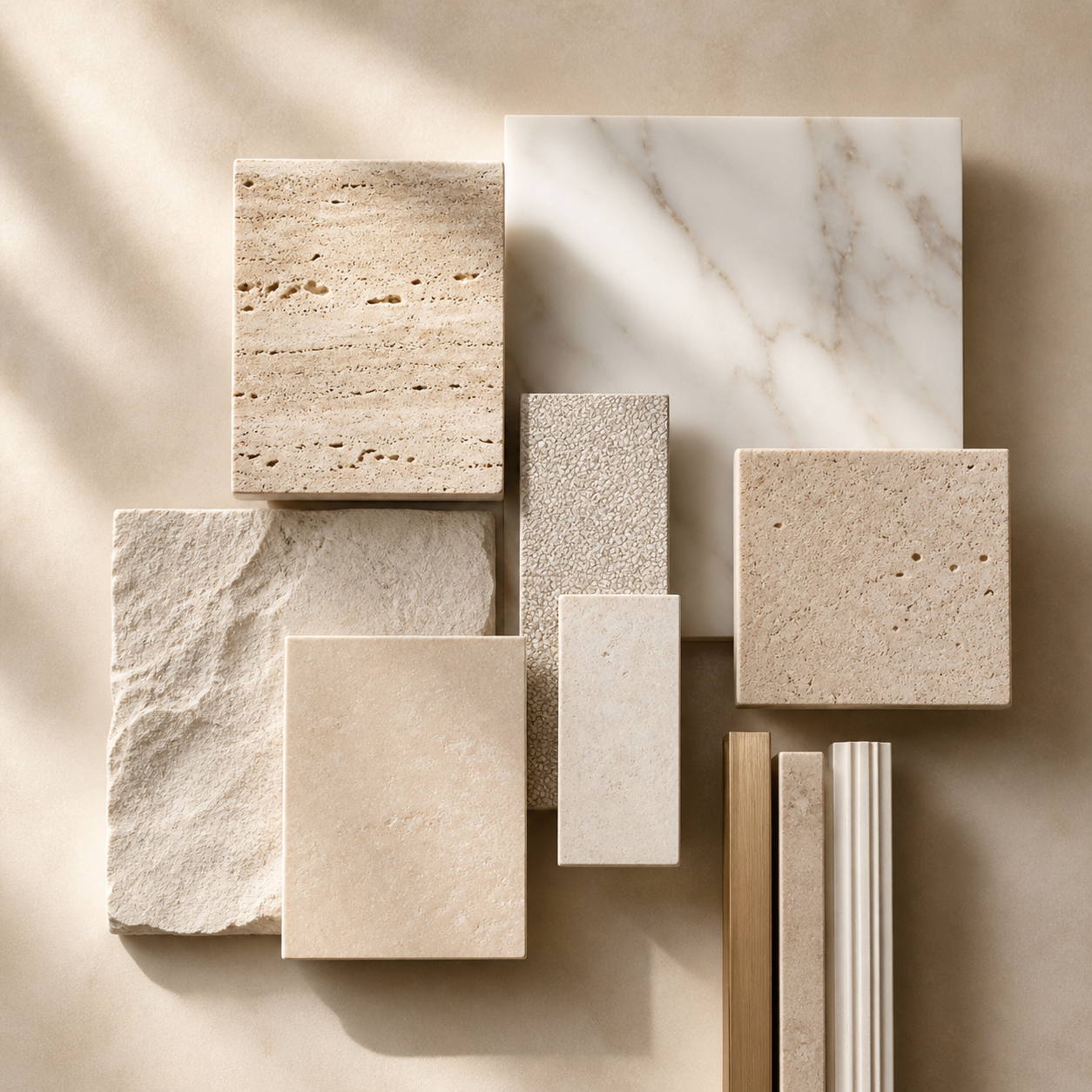 OIXDESIGN materials and finishes image with neutral natural stone and tile samples for custom project inquiries