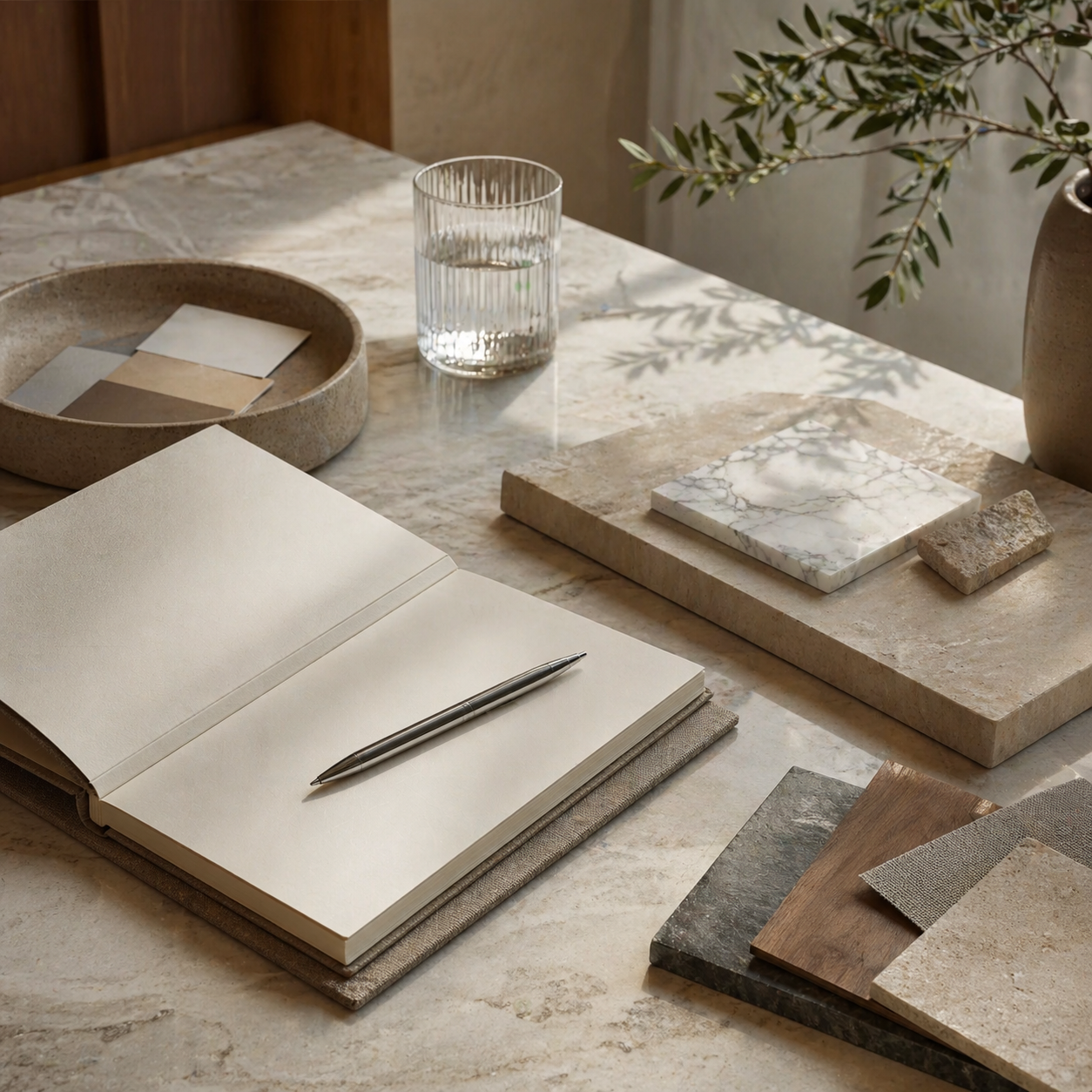 Natural stone design moodboard with warm textures representing project inquiry and request a quote support