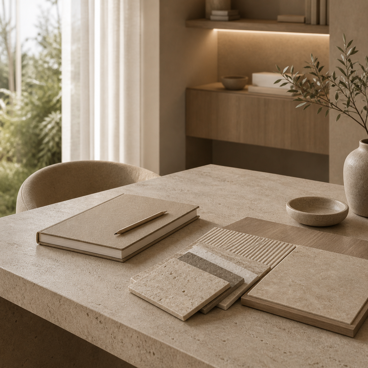 OIXDESIGN request a quote image with natural stone inspiration flatlay for project planning