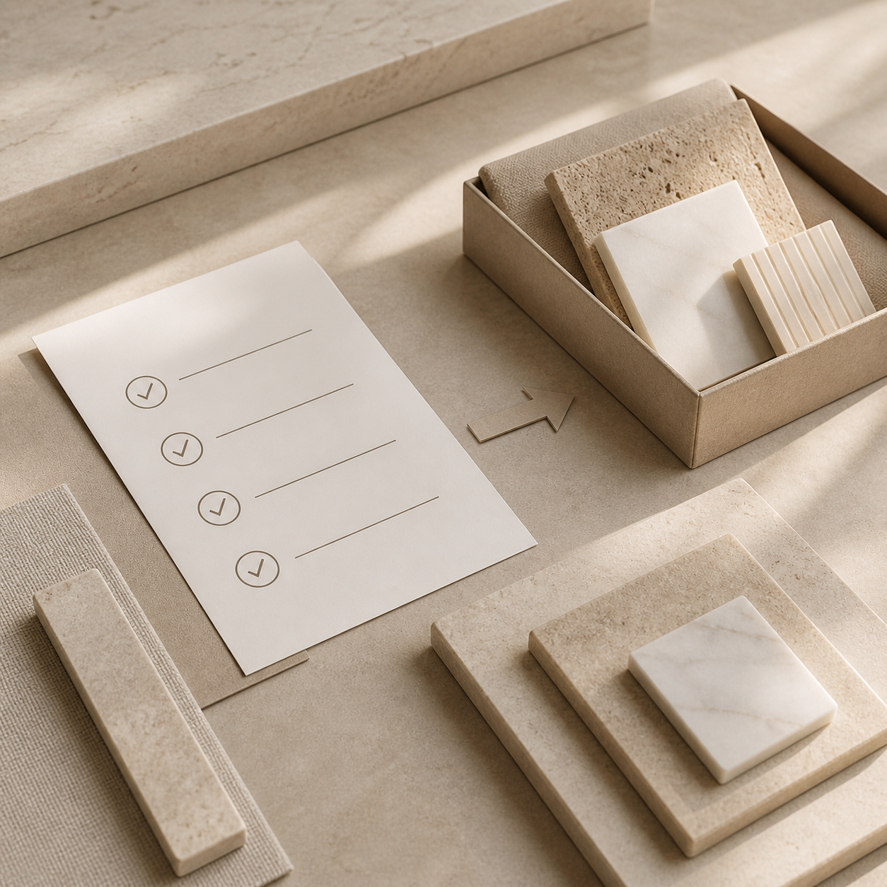 OIXDESIGN next step support image with design planning tools, stone samples, and project guidance workspace
