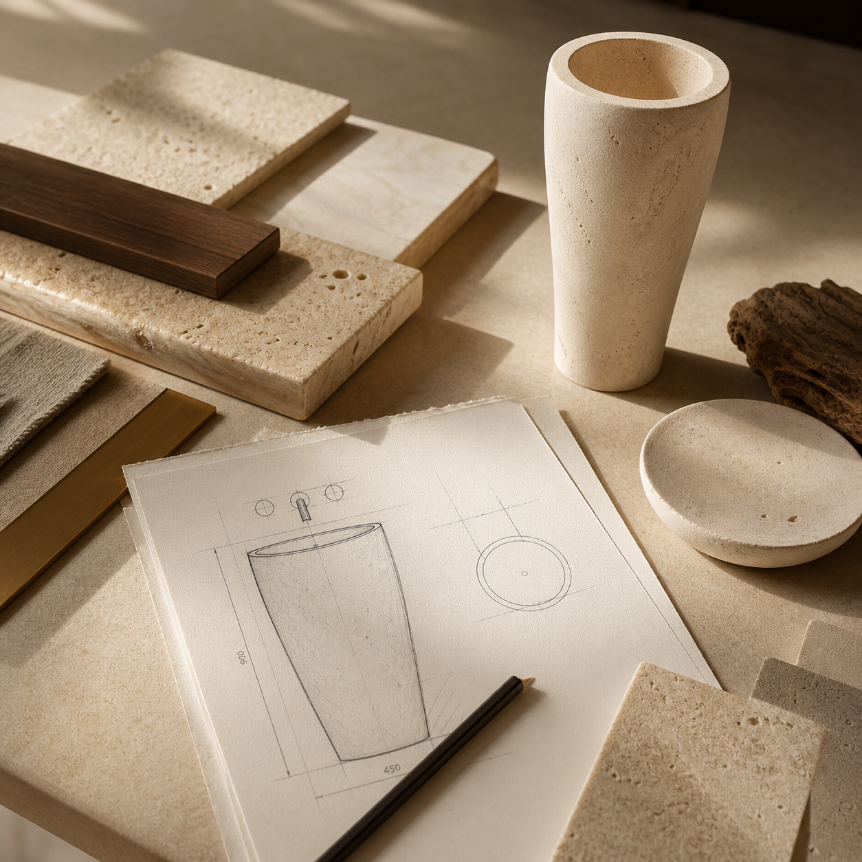 Pedestal sink project planning workspace with natural stone samples, design sketch, pencil, and material boards