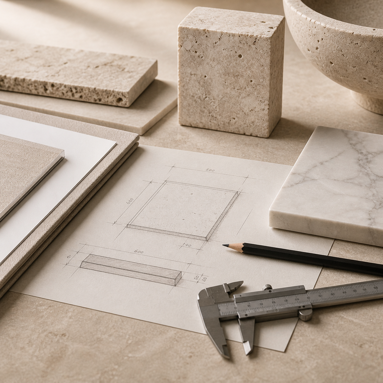OIXDESIGN request a quote project details image with natural stone samples, drawings, and design workspace