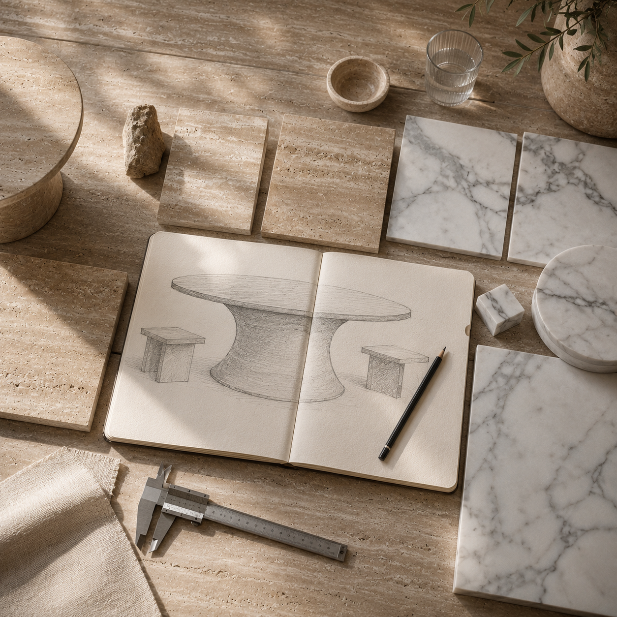 Stone design board with sketches and material samples for requesting a custom quote