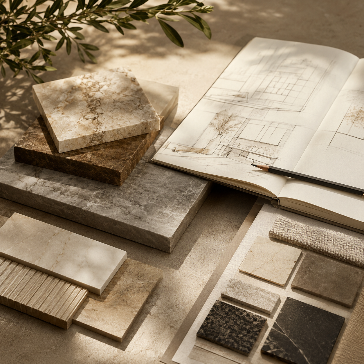 Natural stone samples and design sketches for the OIXDESIGN Request a Quote page.