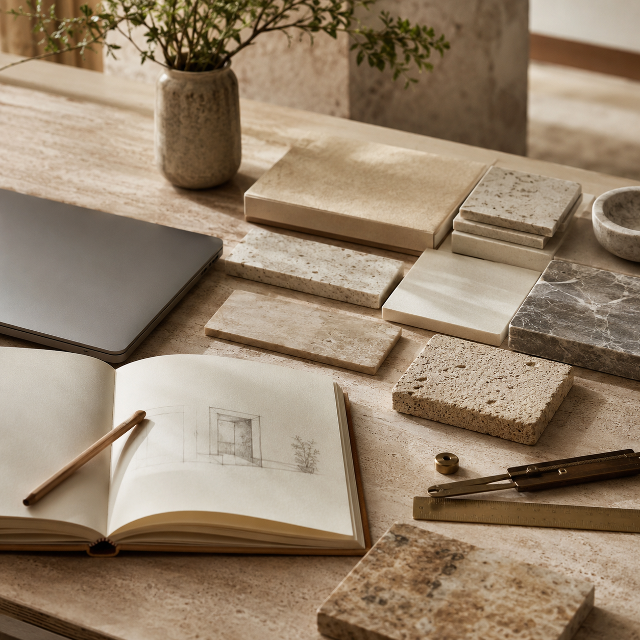 Stone project inquiry workspace with material samples and design details for requesting a quote from OIXDESIGN.
