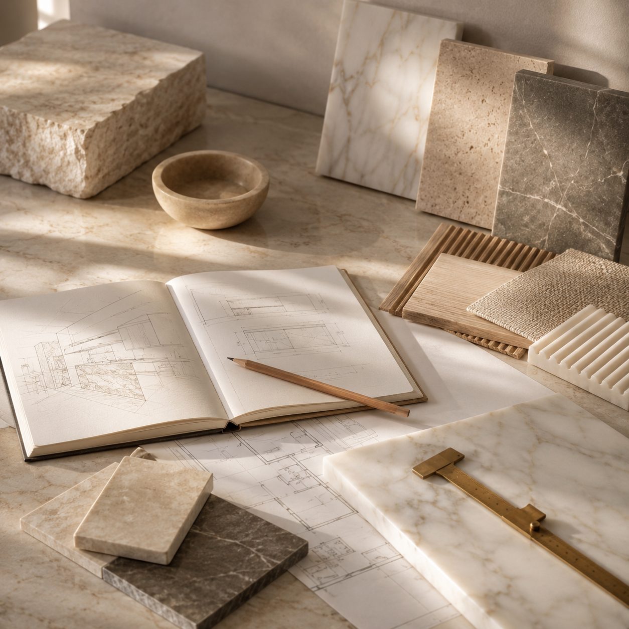Stone samples, sketches, and measuring tool arranged for an OIXDESIGN custom project quote.