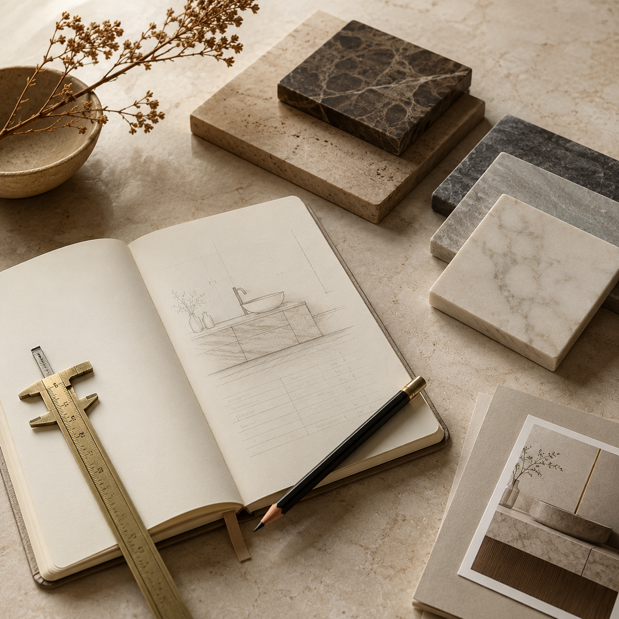 Refined design workspace with natural stone samples for the OIXDESIGN Request a Quote page