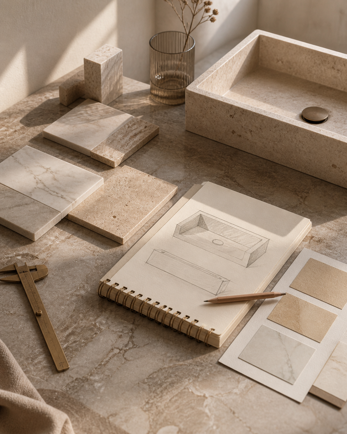 Natural stone samples, sink sketches, and design tools prepared for a custom stone sink quote