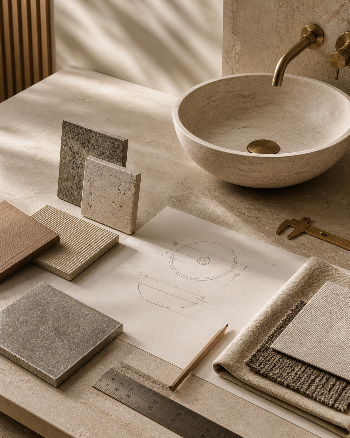 Vessel sink project planning workspace with natural stone samples, sink sketch, ruler, and design tools