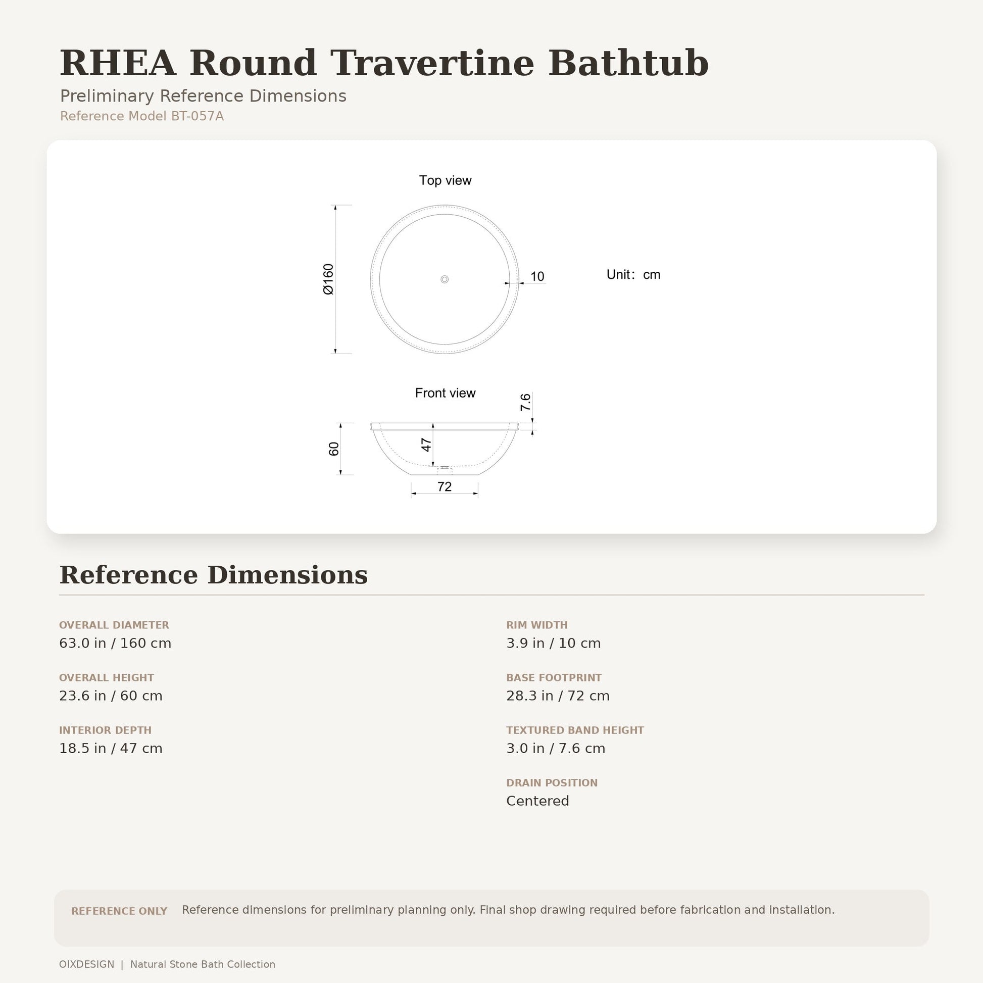 RHEA round travertine bathtub reference dimensions showing 63 inch diameter and 23.6 inch height with centered drain