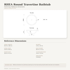 RHEA round travertine bathtub reference dimensions showing 63 inch diameter and 23.6 inch height with centered drain