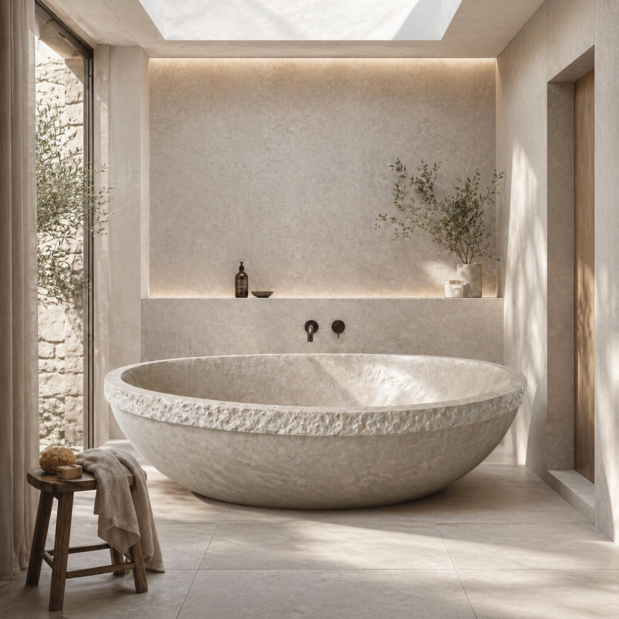 RHEA Round Freestanding Travertine Soaking Bathtub