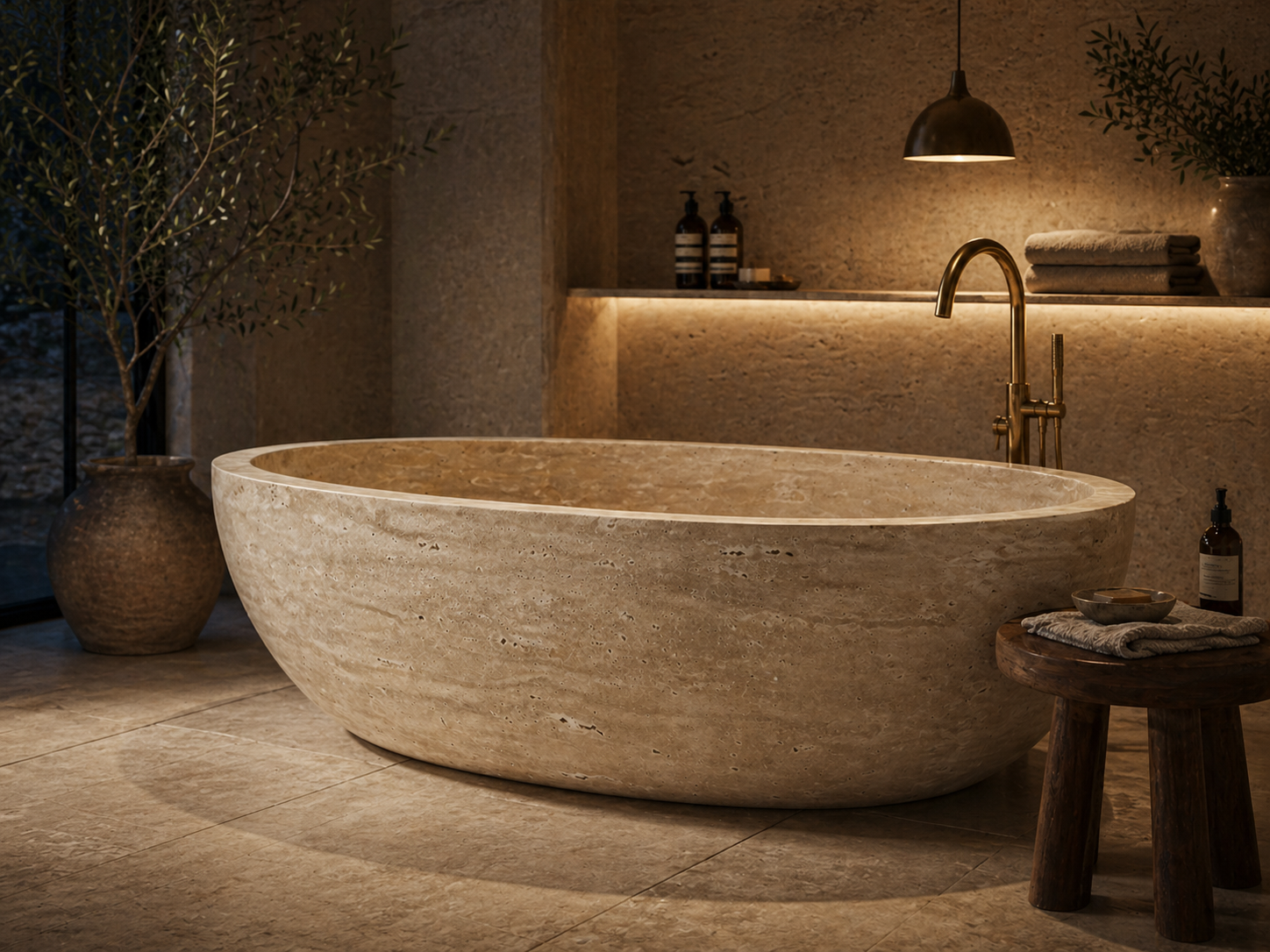 ROMA Freestanding Soaking Bathtub – Roman Travertine