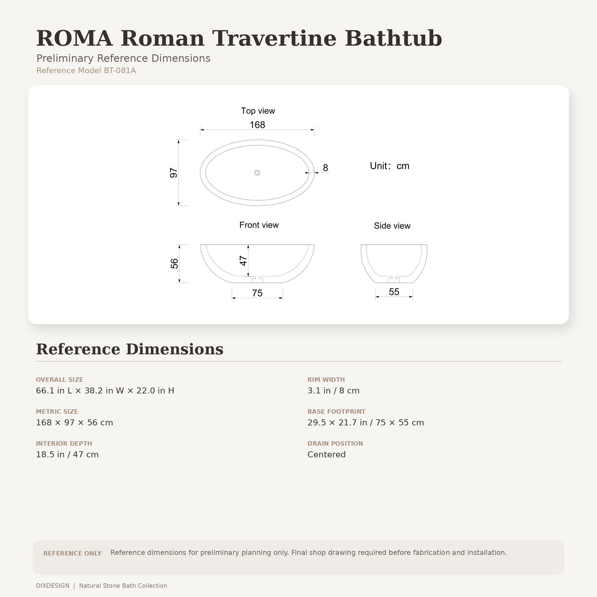 ROMA Roman travertine bathtub reference dimensions showing 66.1 by 38.2 by 22 inches with centered drain