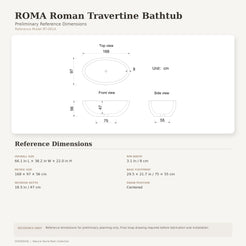 ROMA Roman travertine bathtub reference dimensions showing 66.1 by 38.2 by 22 inches with centered drain