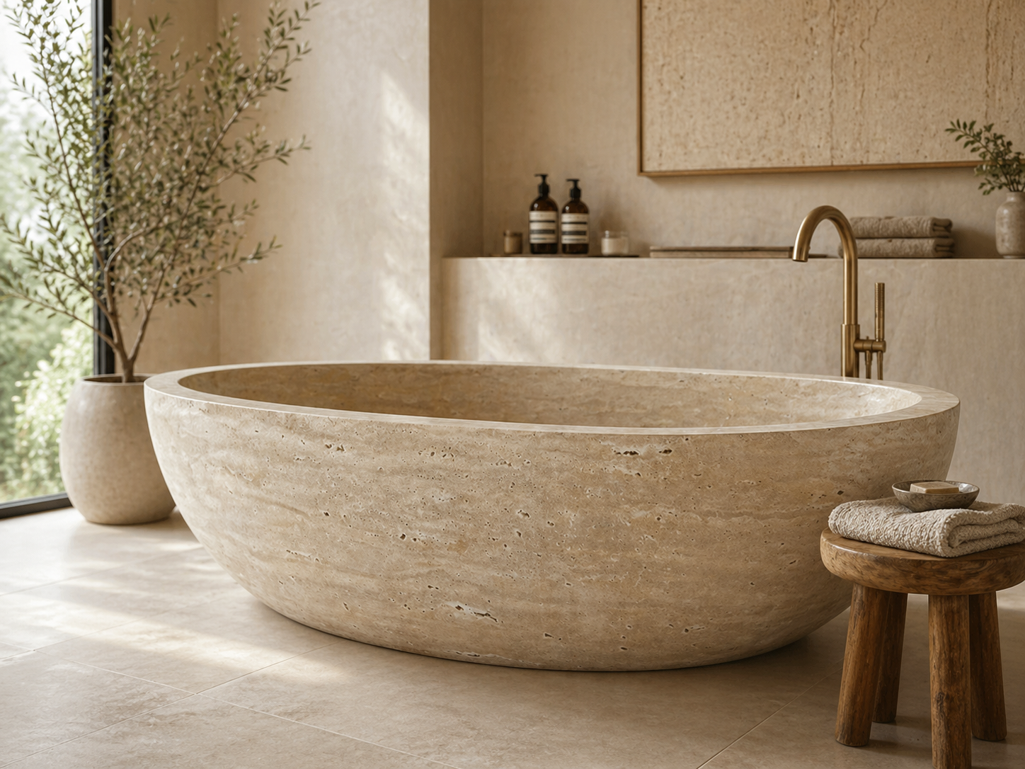 ROMA Freestanding Soaking Bathtub – Roman Travertine