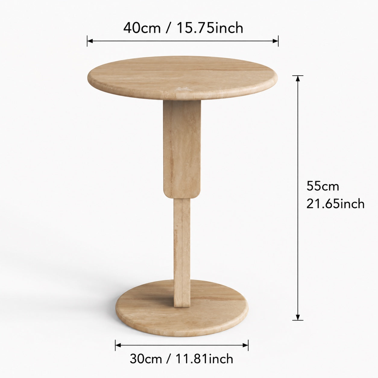 OIXDESIGN RoundGeo travertine side table size and dimensions in cm and inches
