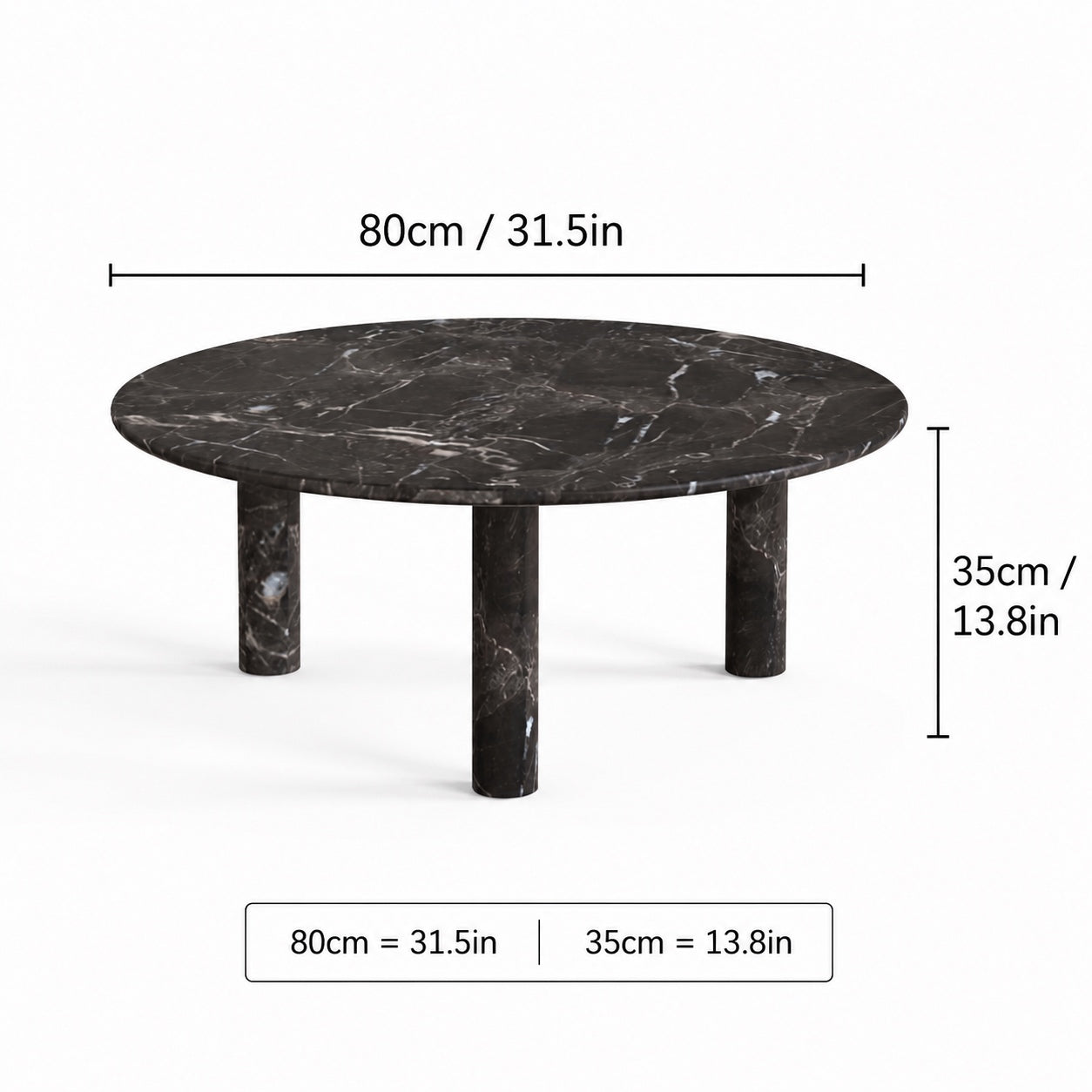 OIXDESIGN RoundHaven black marble coffee table size and dimensions in cm and inches