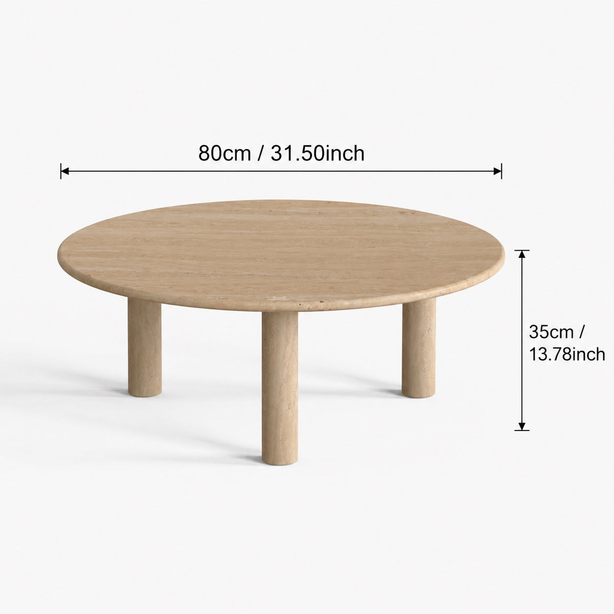 OIXDESIGN RoundHaven travertine coffee table size and dimensions in cm and inches