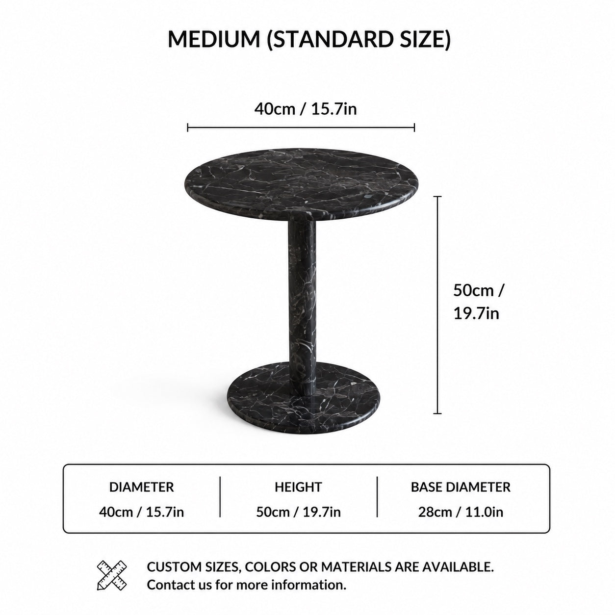 OIXDESIGN RoundHaven black marble side table standard and custom size dimensions in cm and inches