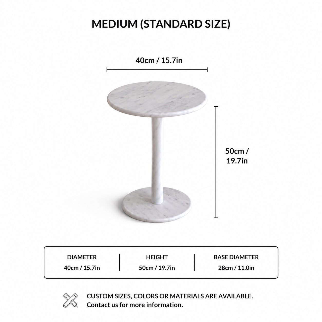 OIXDESIGN RoundHaven Carrara white marble side table standard and custom size dimensions in cm and inches