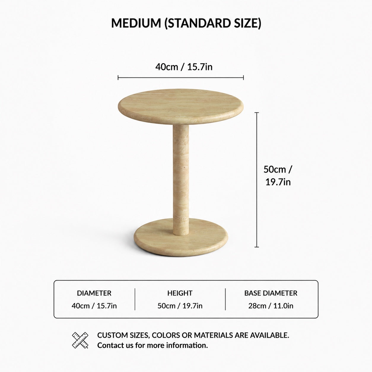 OIXDESIGN RoundHaven travertine side table standard and custom size dimensions in cm and inches