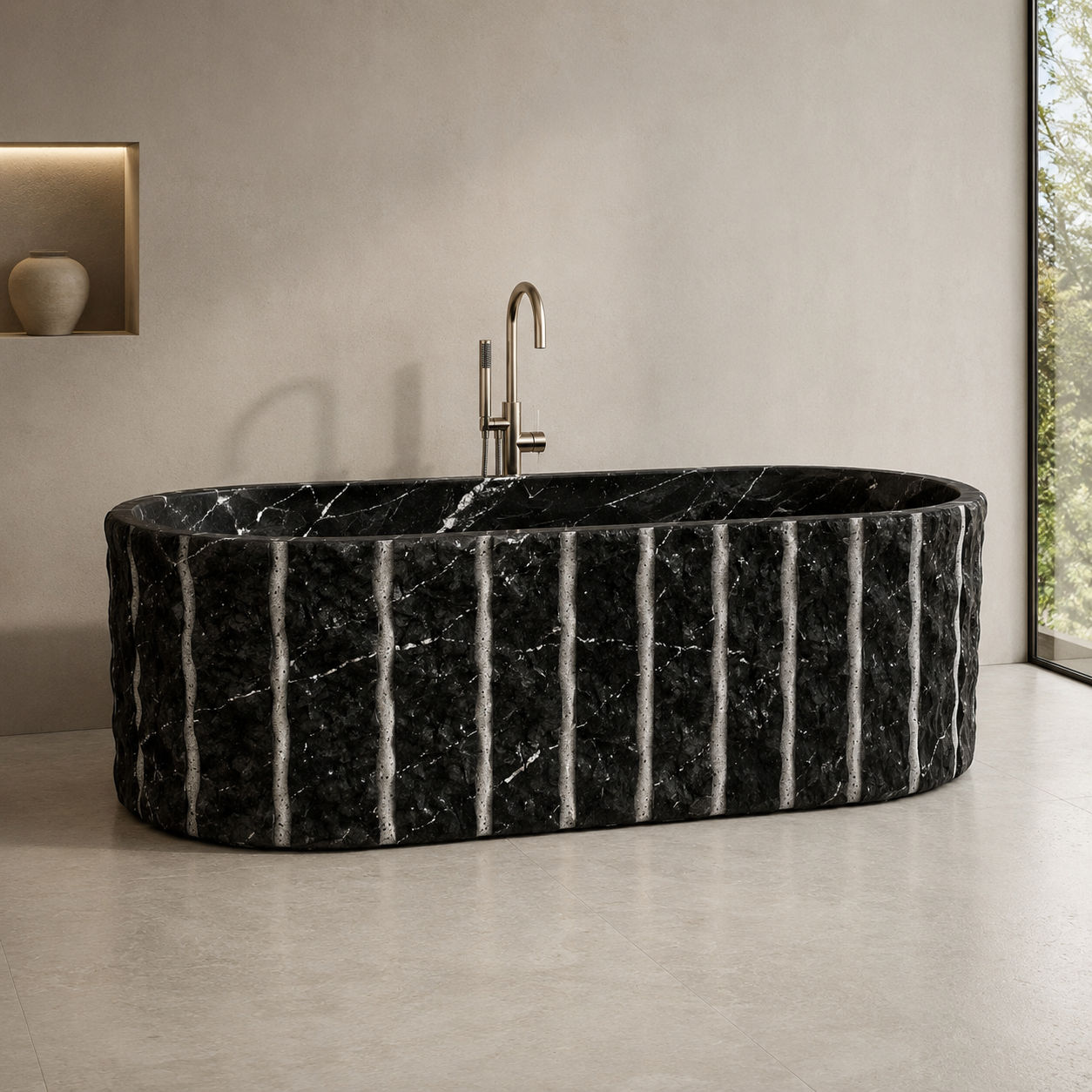Luxury natural stone bathtub in a minimalist bathroom with clean architectural lines by OIXDESIGN.