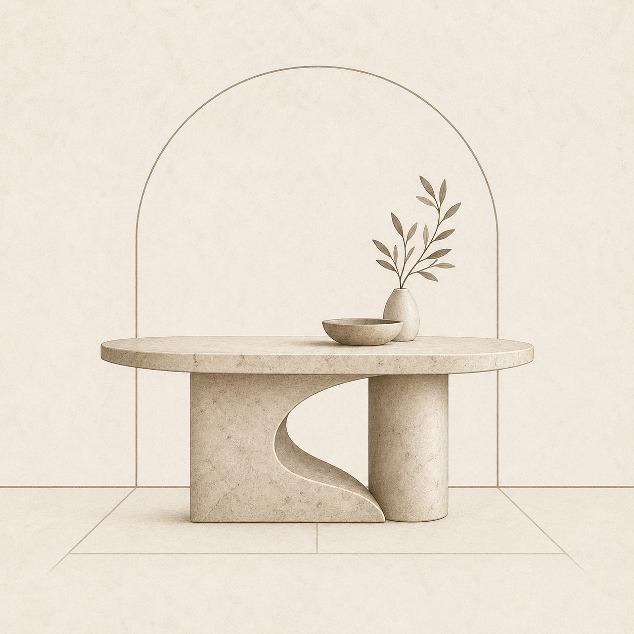 Minimal icon of a sculptural stone table representing practical design for refined interiors at OIXDESIGN