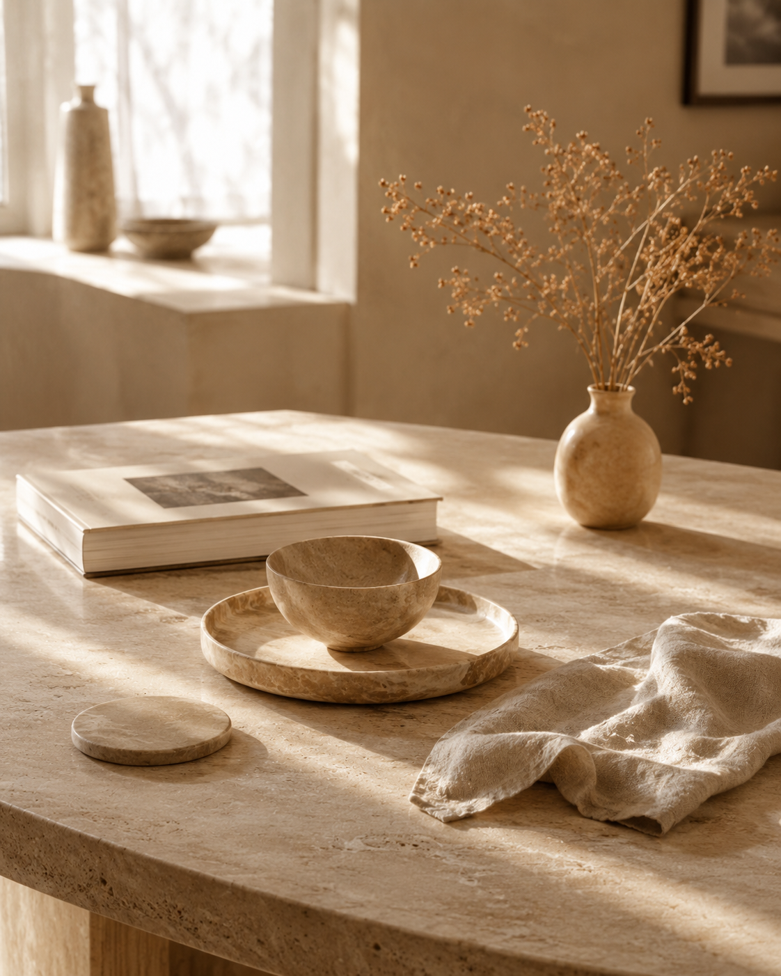 Warm natural stone tabletop with a stone bowl, tray, linen cloth, book, and vase in soft sunlight, illustrating sealing and long-term maintenance for natural stone.