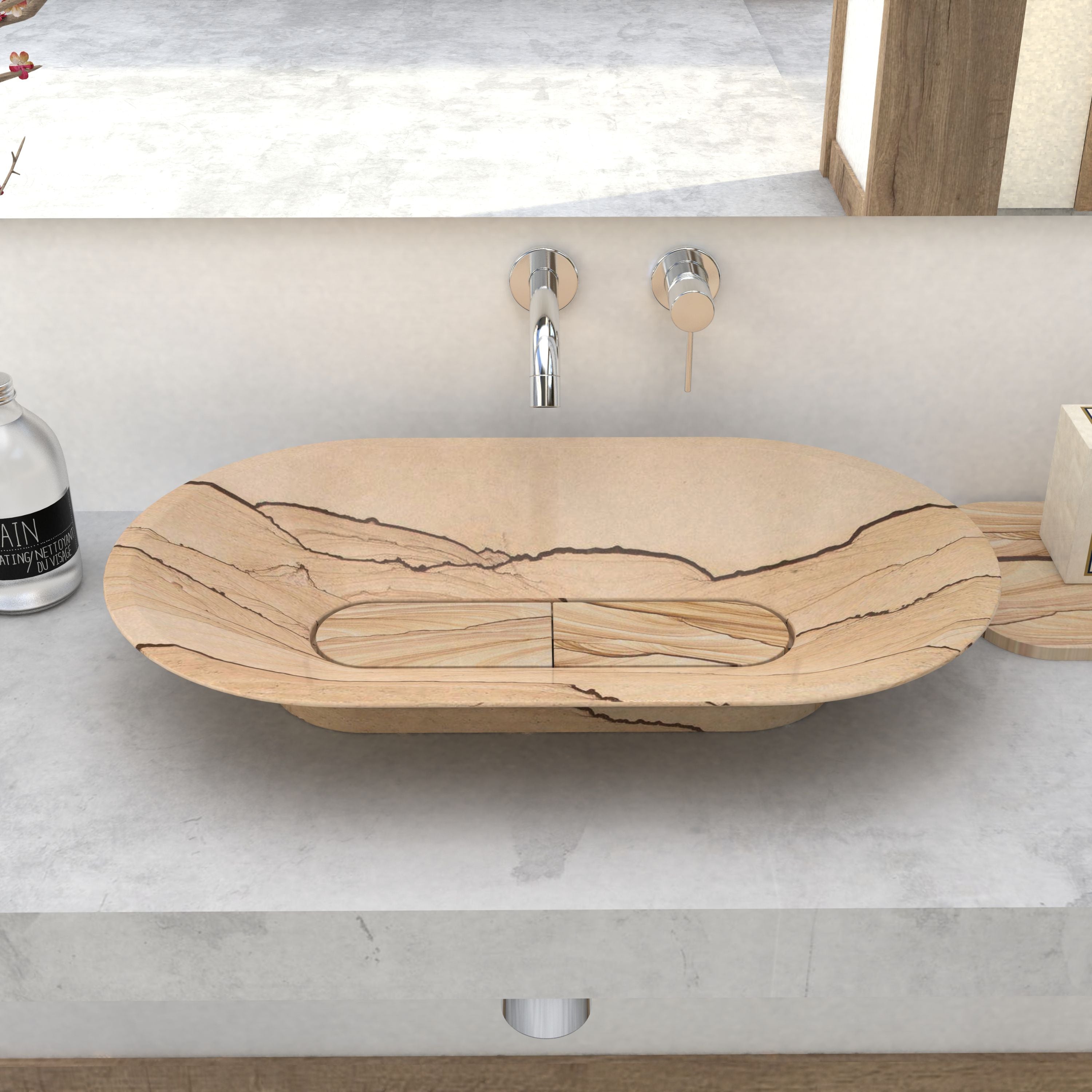Selia oval sandstone vessel sink for a warm refined bathroom by OIXDESIGN.