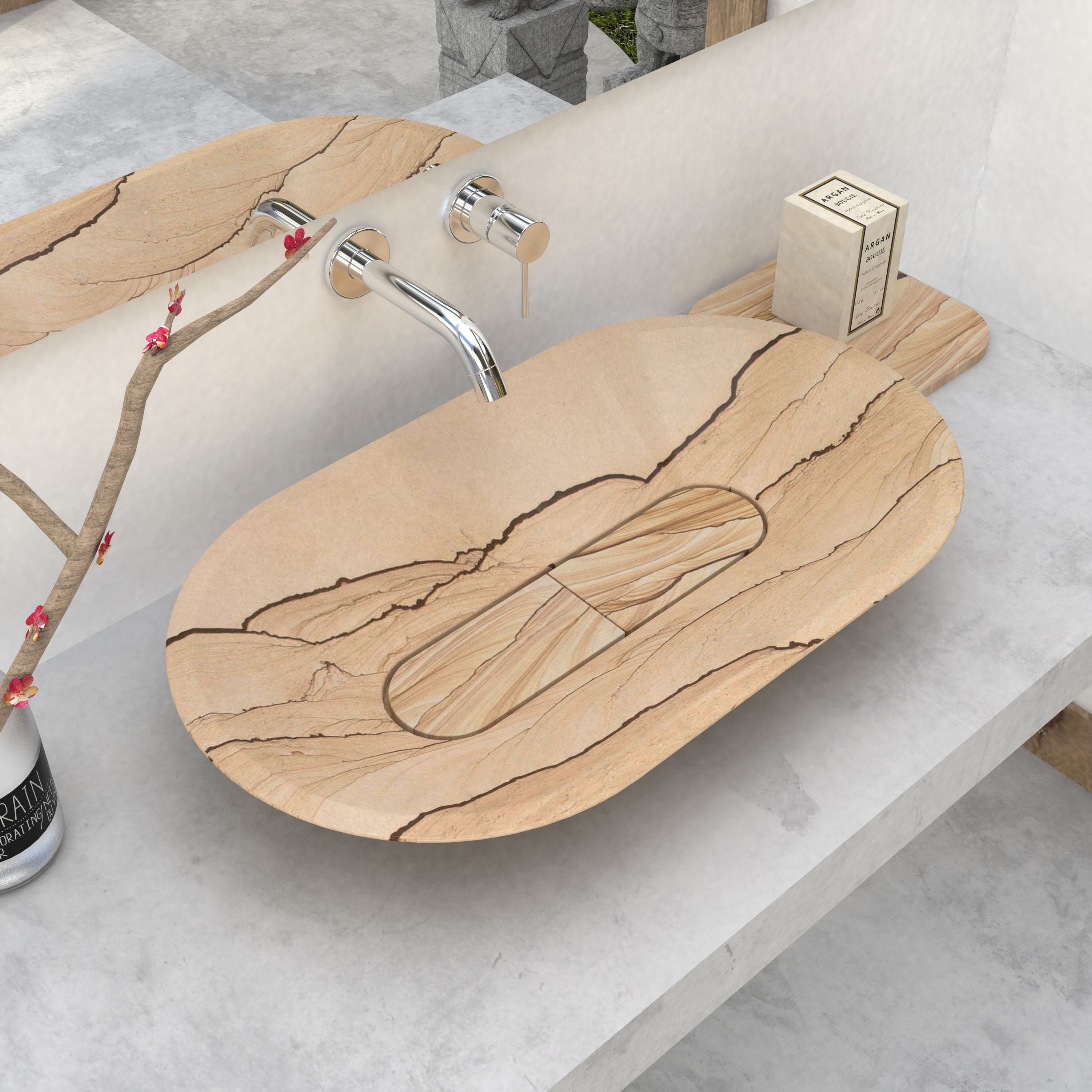 Selia oval sandstone vessel sink for a warm refined bathroom by OIXDESIGN.