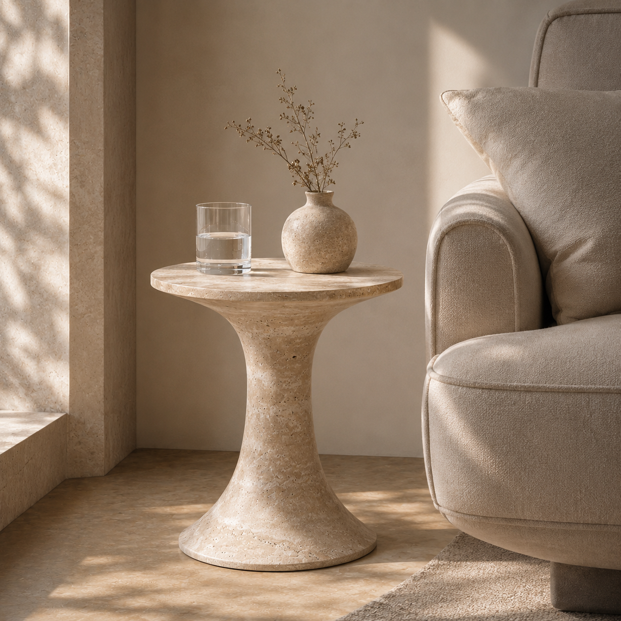 Travertine side table beside a sofa in a serene living room corner
