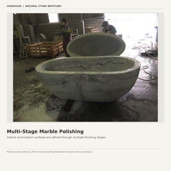 Solid marble bathtub undergoing multi-stage interior and exterior polishing