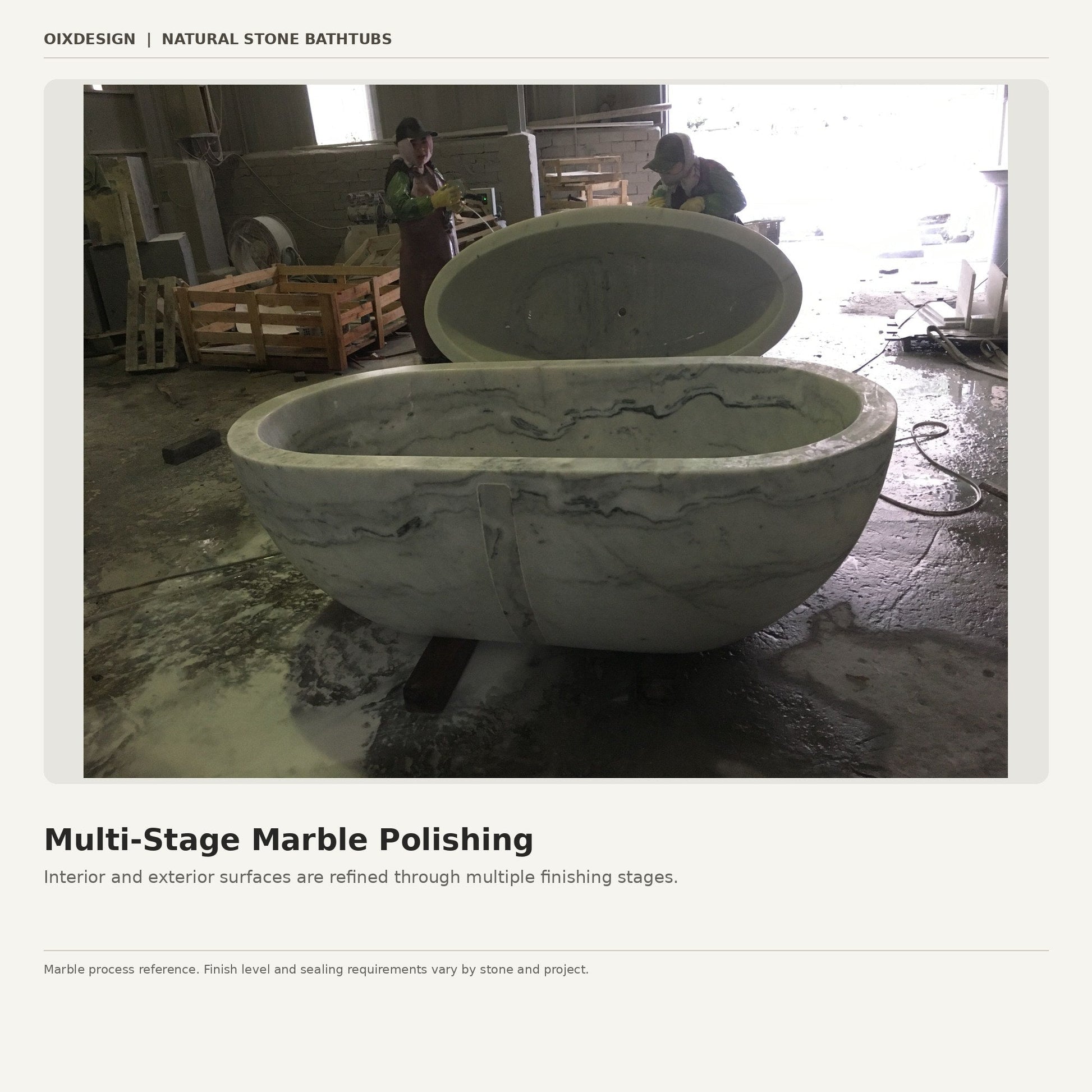 Solid marble bathtub undergoing multi-stage interior and exterior polishing