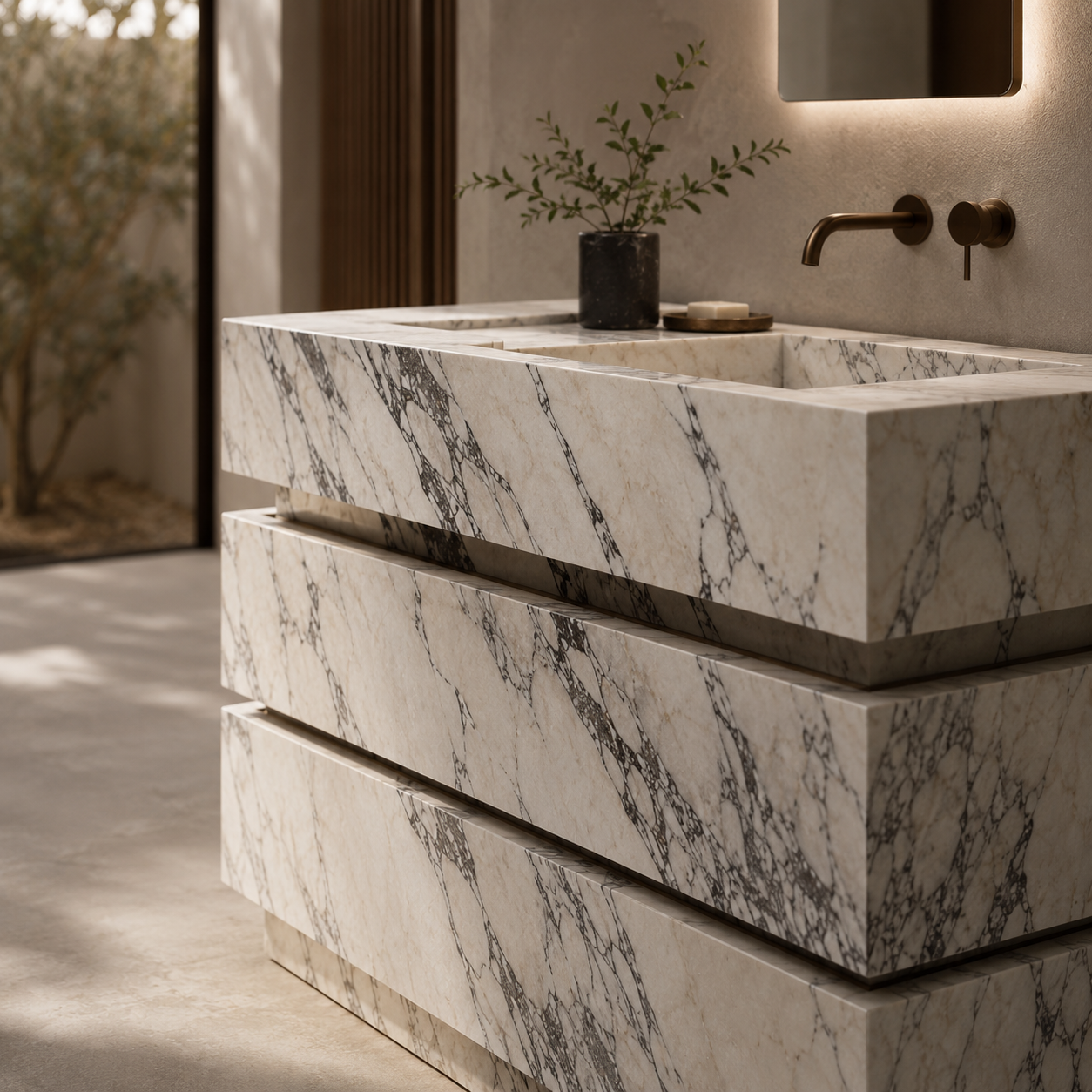 Solid natural stone construction for sculptural bathroom vanities by OIXDESIGN