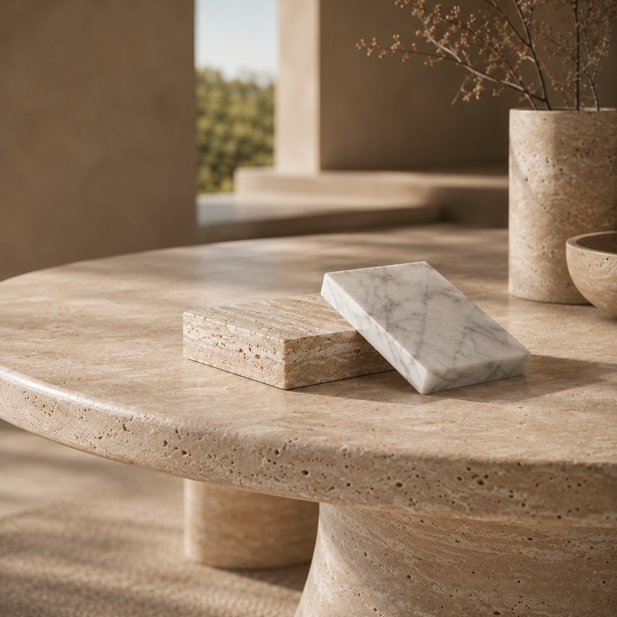 Close-up of solid natural stone table surface and material detail in soft natural light