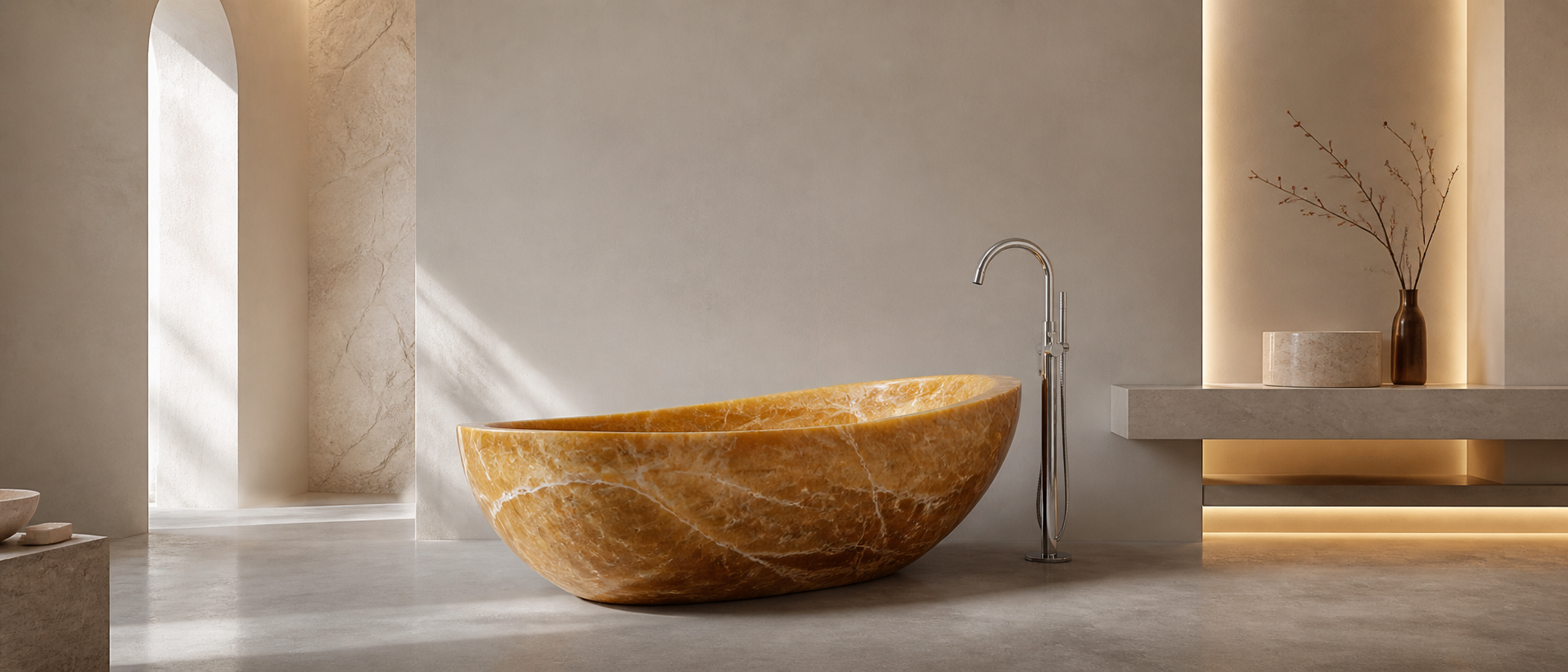 Luxury special stone bathtub in a refined spa-style bathroom interior