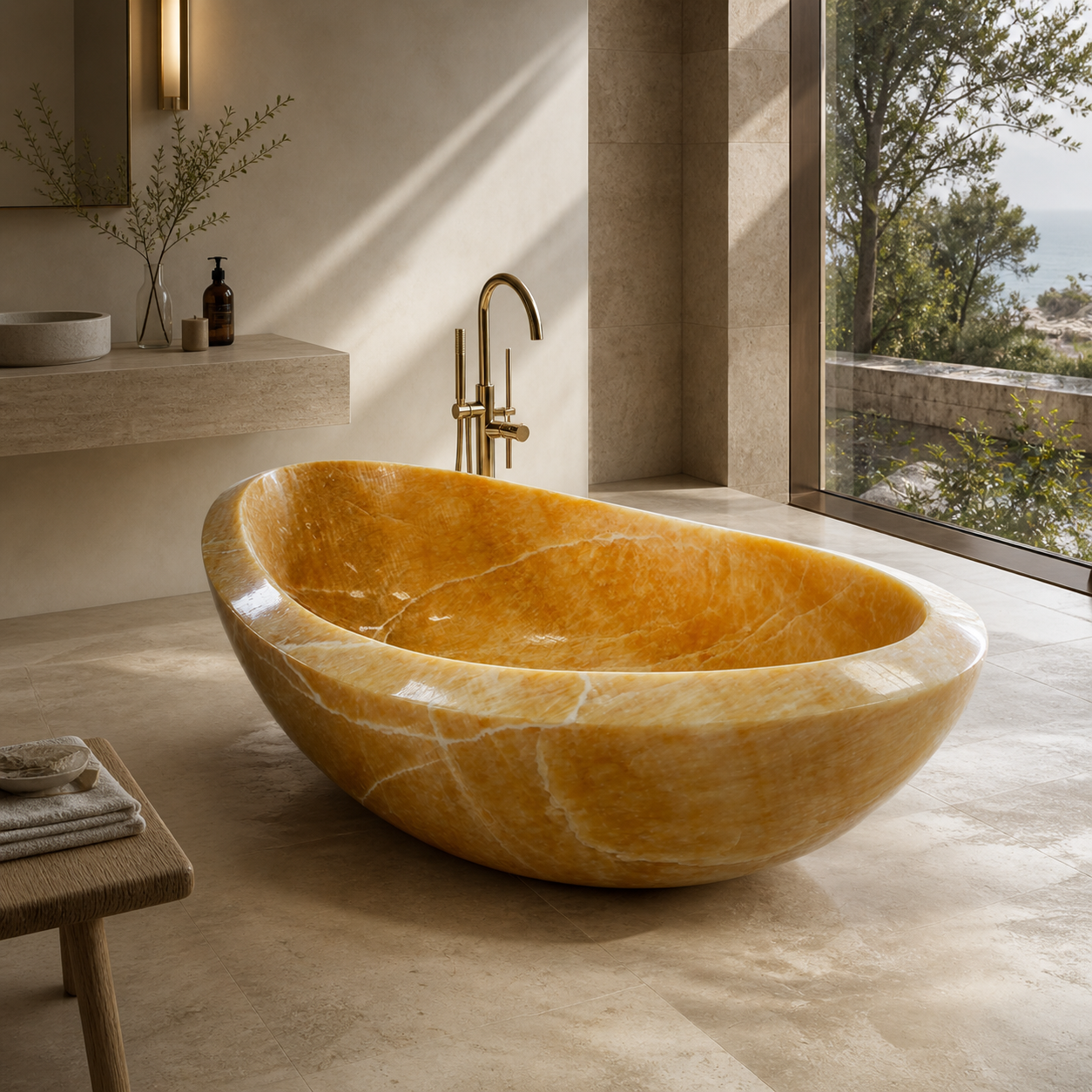Luxury bath collection scene with a special stone bathtub in a serene spa interior