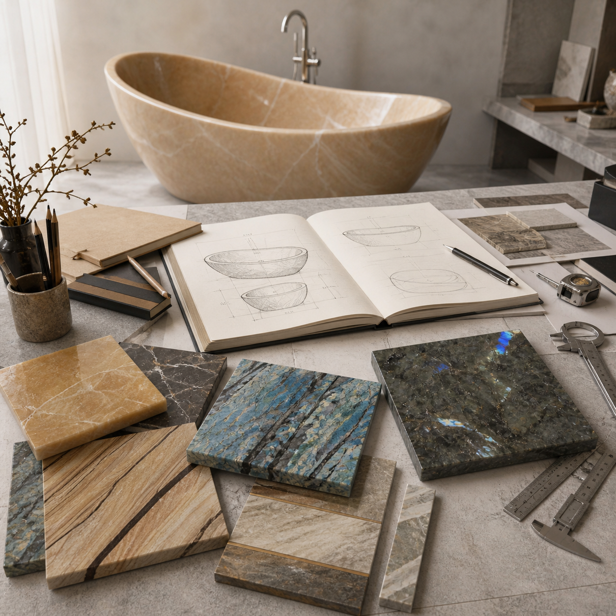Custom bath project workspace with special stone samples and bathtub design materials