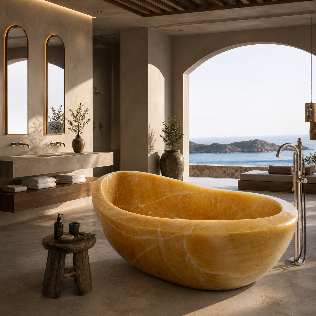 Luxury hospitality bathroom with a special stone bathtub and calm resort atmosphere