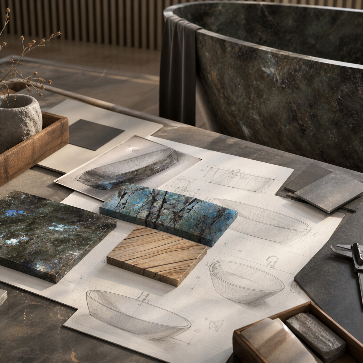 Design studio scene with special stone bathtub samples for project and trade support