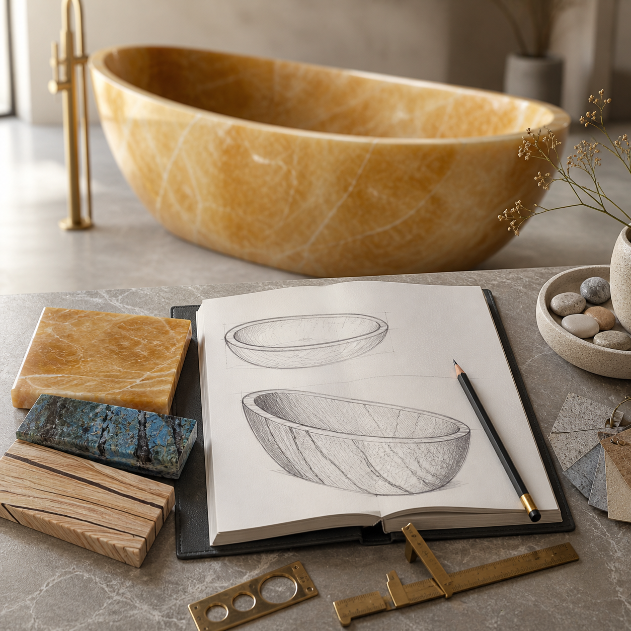 Special stone bathtub planning workspace with stone samples for custom quote request