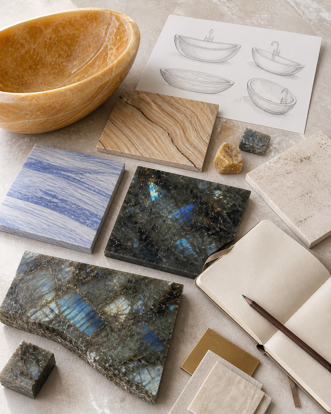 Designer workspace with special stone samples for bathtub material selection