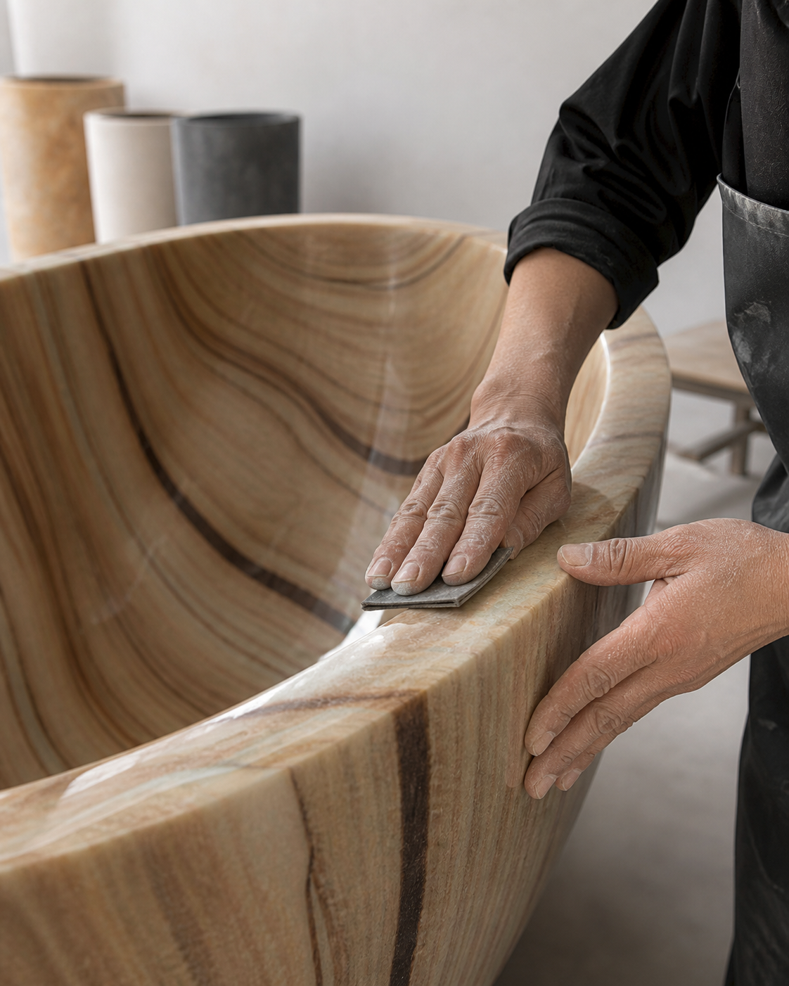 Special stone bathtub in a warm sunlit bathroom highlighting sculptural craftsmanship